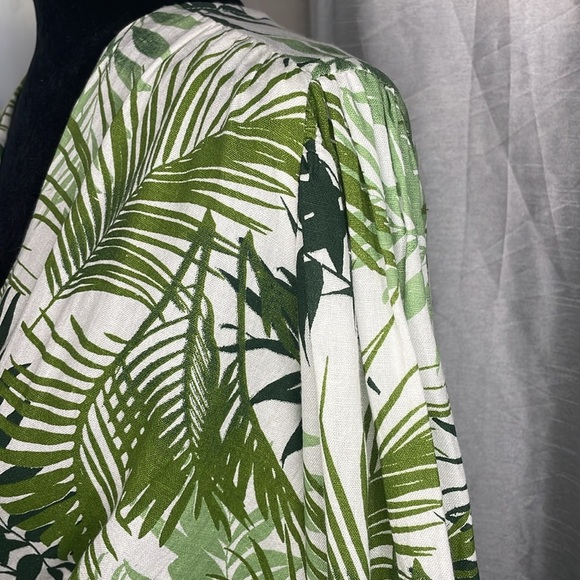 Midnight Sky Women’s Large Linen Blend Tropical Green White Tie Front Top - Picture 5 of 8